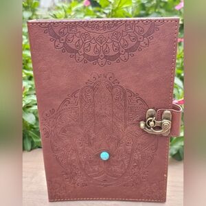 Brown Embossed  Leather Journal with Turquoise Hasma Hand